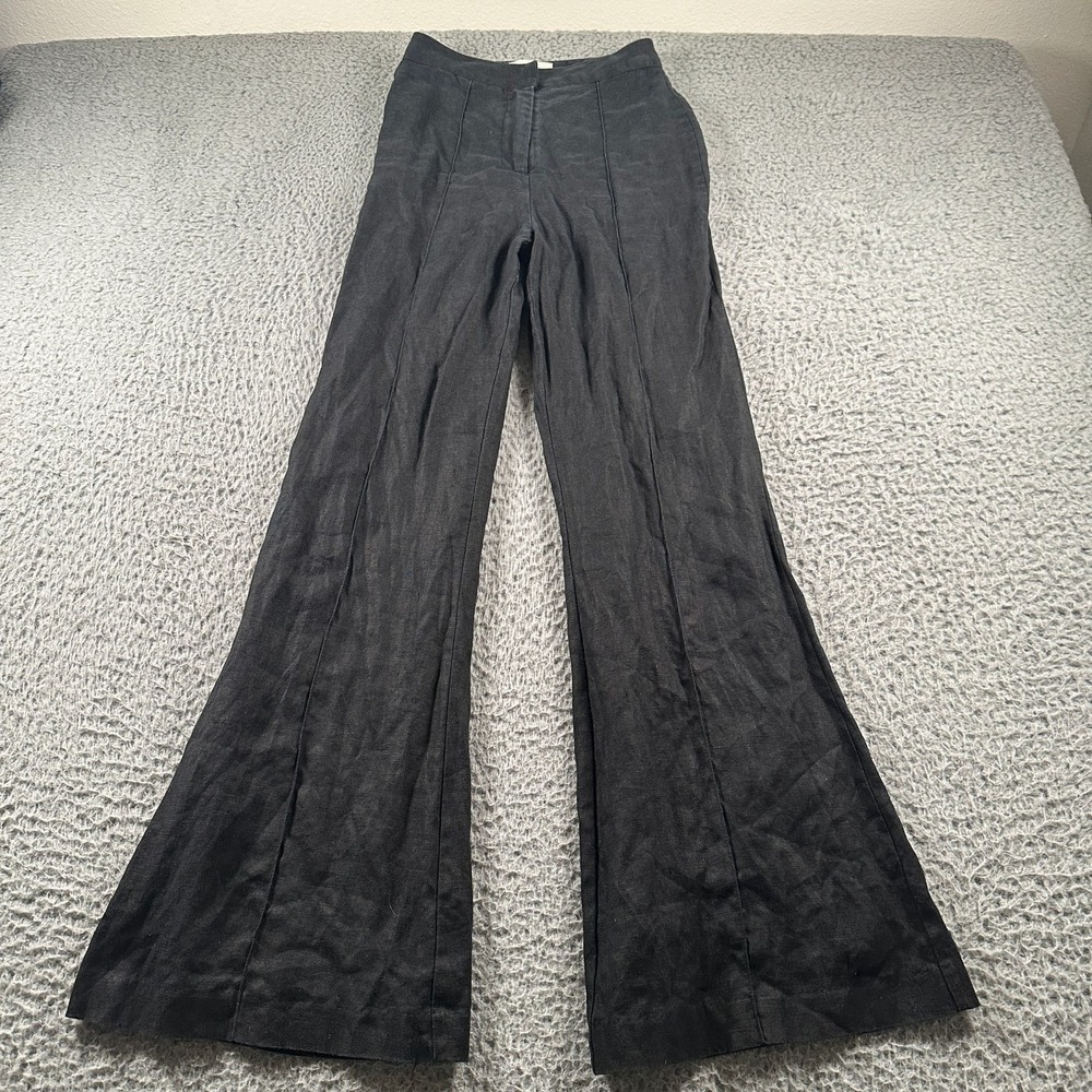 DISSH Pants Womens 2 Linen Flare Wide Leg High Rise Black Front Seam Casual